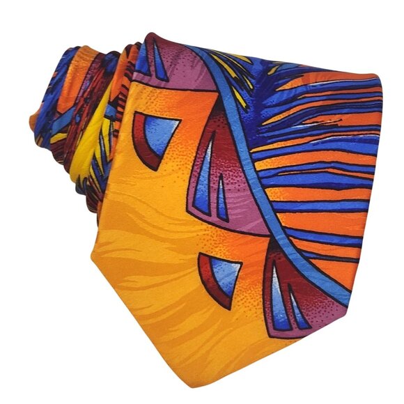 Rush Limbaugh No Boundaries Collection Orange Blue Abstract Feather Pattern Tie - Picture 1 of 6